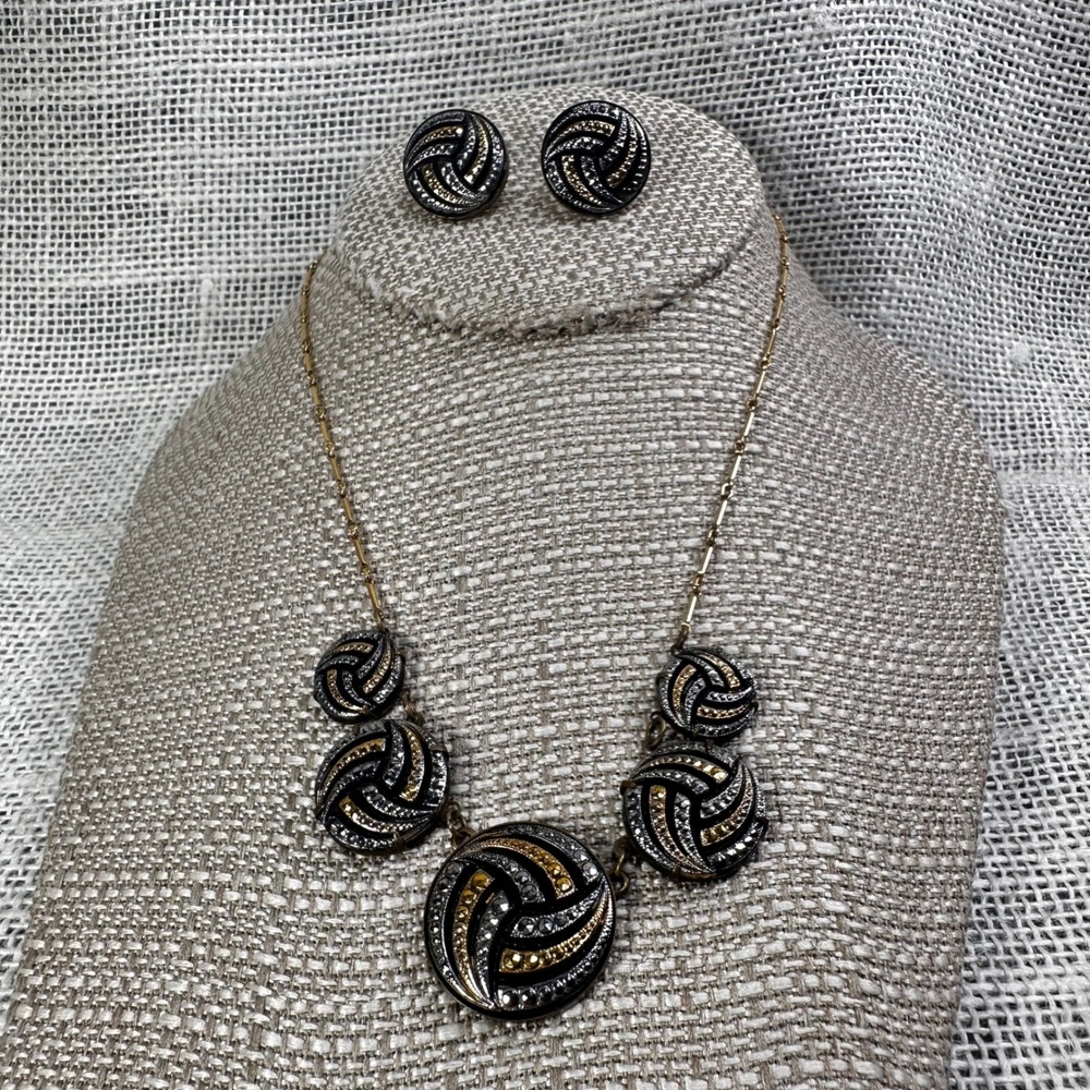 Vintage Piddly Links Kingston NY Black Enamel Rhinestone Necklace Earrings‎ Set